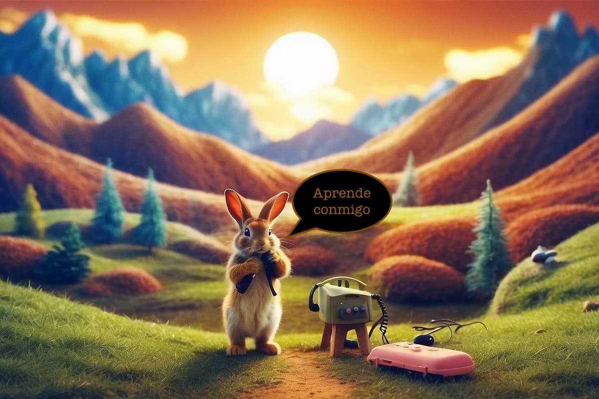 un conejito fotorrealista que dice 'aprende conmigo'