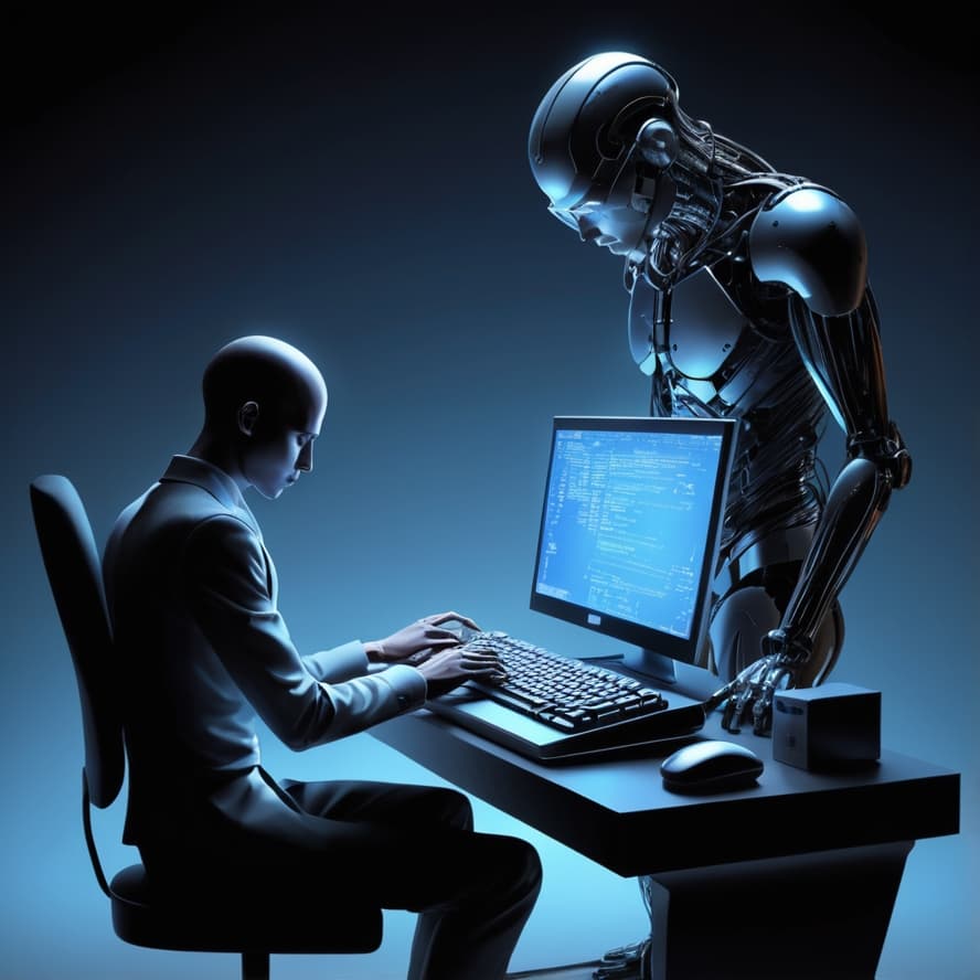 An AI generated image of a bald human typing on a computer on a desk, while an android is looking down on the screen from behind the desk.